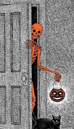 a skeleton holding onto a door with a cat in front of it and a pumpkin on the floor