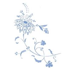 a blue and white drawing of flowers on a white background