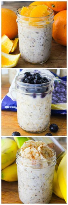 three pictures showing different ways to make overnight oatmeal in mason jars with blueberries, oranges and bananas