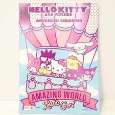 the hello kitty and friends advanced coloring book is shown in front of a white background