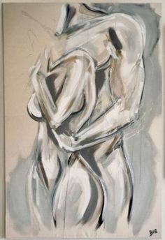 an abstract painting in grey and white with two people hugging each other on the wall