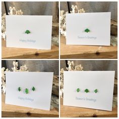 four different pictures of small green studs on a card with the words happy holidays