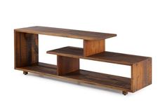 a wooden shelf with three shelves on each side