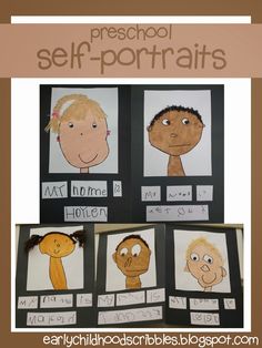 three pictures of children's faces with the words preschool self portraits written on them