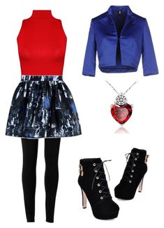 a woman in red shirt and blue jacket with black skirt, boots and heart necklace