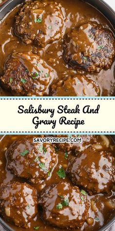 steak and gravy recipe in a skillet with the words savory steak and gravy