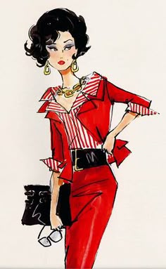 a drawing of a woman in red and white striped shirt and pants with her hand on her hip