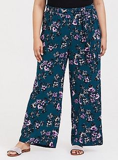 Plus Size Teal Floral Challis Wide Leg Pant, LANETTE FLORAL Wide Leg Floral Pants, Relaxed Trousers, Challis Fabric, Belted Pants, Wide Leg Linen Pants, Plus Size Pants, Wide Leg Pant, Floral Pants, Striped Linen