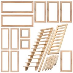 wooden frames and ladders are arranged on a white background with clippings to cut them out