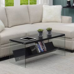 a living room scene with focus on the coffee table