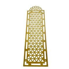 a tall metal object with geometric designs on the top and bottom, against a white background