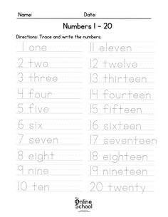 the numbers 1 - 20 worksheet for children to practice their handwriting and writing skills