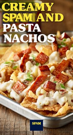 the cover of creamy spam and pasta nachos, with bacon on top