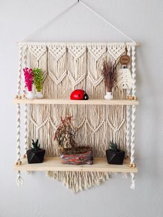 a macrame wall hanging with potted plants and other things on it's shelf