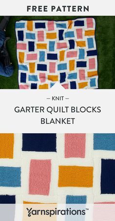 the knitted blanket is shown with text that reads, free pattern garter quilt blocks blanket