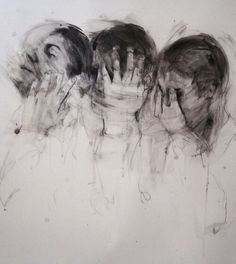 three people with their hands in front of them, all covering their faces and eyes