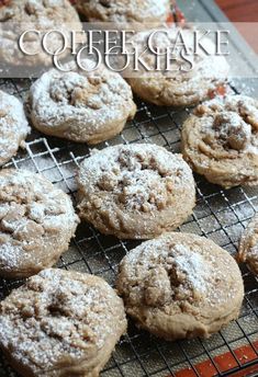 several cookies cooling on a wire rack with the words coffee cake written above it in front of them