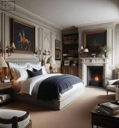 a large bedroom with a fireplace in the corner and pictures on the wall above it