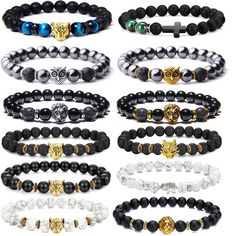 PRICES MAY VARY. Beads Bracelets Set--12 PCS Bead Bracelets in a pack,Including Black Lava Beads Bracelets ,White Turquoise Beads Bracelet,Hematite Bracelet and Agate Stone Beads Bracelet. Four of Them Have Dragon Lion Leopard Head,Elephant,Owl Decorations, Provide A variety of styles to choose from and can suit for Your Everyday Wearing. HIGH QUALITY MATERIAL--These Beads Bracelets are Made of High Quality 8MM Natural Stone Beads, Possess Low Density and Light Weight.Designed for Stress Relief, Bead Bracelet For Men, Panther Leopard, Mens Bracelet Designs, Leopard Head, Lava Bead Bracelet, Adinkra Symbols, Turquoise Bead Bracelet, Hematite Bracelet, How To Make Rope