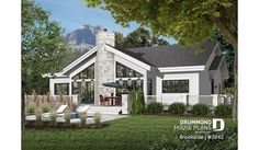 this is an artist's rendering of a house in the woods with mountains in the background