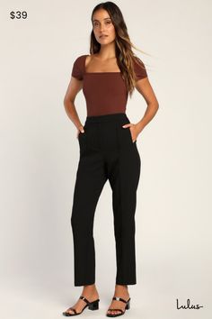 From the desk to after-hours fun, the Lulus Chic Business Black High-Waisted Trouser Pants will have you looking fab! Stretch-woven fabric shapes these chic trousers with a seamed detail that travels down the tapered legs to ankle-length hems. Functional side pockets frame the high waistband that has a hidden fly with clasp closure and top button, while a decorative welt pocket adorns the back. Fit: This garment fits true to size. Length: Ankle length. Size medium Inseam: 28.00 Front Rise: 11.00 Waist: Fitted - very fitted at natural waist. Hip: Fitted - stretchy fabric allows room for hips. Fabric: Fabric has some stretch. Unlined. Shell: 74% Polyester, 20% Rayon, 6% Spandex. Lining: 100% Polyester. Hand Wash Cold. Do Not Bleach. Line Dry. Iron Low Heat. Imported. Lulus | Chic Business Bl High Waisted Trouser Pants, Chic Trousers, You Look Fab, The Desk, After Hours, High Waisted Trousers, Trouser Pants, Tapered Legs, Welt Pocket