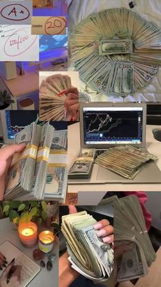 collage of images with money and candles in front of computer screen, on desk