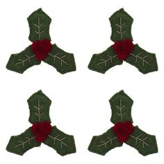 four pieces of green and red felt with leaves on them are shown in three different positions