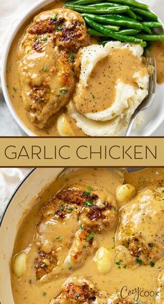 garlic chicken smothered in a garlic parmesan sauce and served with mashed potatoes and green beans Creamy Garlic Chicken Recipes, Creamy Garlic Parmesan Sauce, Garlic Chicken Recipe, Garlic Parmesan Sauce, Resipi Kek, Creamy Garlic Chicken, Parmesan Sauce, Makanan Diet, Think Food