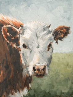 an oil painting of a brown and white cow