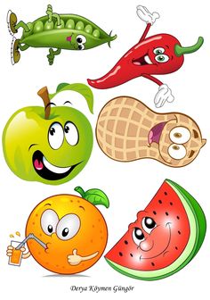 cartoon fruits and vegetables are grouped together