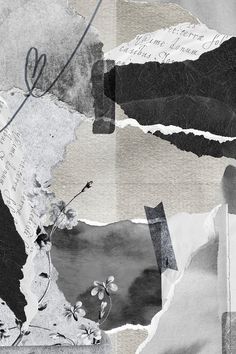 an abstract collage with torn paper and flowers