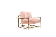 a pink chair with metal frame and fur on the armrests, against a white background