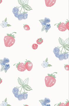 an image of strawberrys and blueberries on a white background with pink, green, and blue flowers