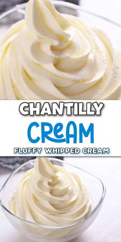 Two images of creamy whipped cream in a glass bowl with Pinterest overlay. Stabilized Chantilly Cream, Chantilly Icing Recipe, Double Cream Recipe, Fresh Cream Recipe, Chantilly Cupcakes, Pastry Cream Recipe, Light Dessert, Cake Filling Recipes, The Best Dessert