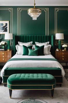 a bedroom with green walls, white bedding and gold trimmings on the headboard