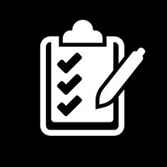 a black and white checklist icon with a pen in it's hand, on a dark background