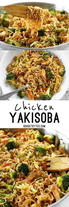 two pictures of chicken and veggie yakisoba with chopsticks