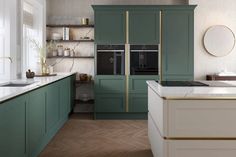 3 WAYS TO CREATE YOUR GREEN KITCHEN | System Six Kitchens Green Gold Kitchen, Award Winning Kitchen, Handleless Kitchen, Kitchen Manufacturers, Muted Green, Big Kitchen, Kitchen Gallery, Green Cabinets