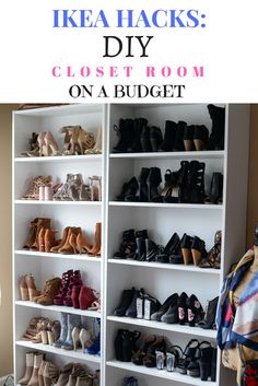 a white bookcase filled with lots of different types of women's shoes and purses