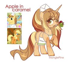 the apple in caramel pony is wearing a bathing suit and has an apple on its nose