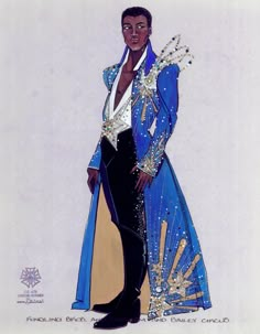 a drawing of a man in a blue and white suit with gold trimmings