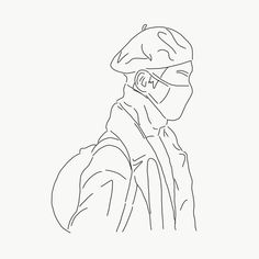 a line drawing of a man wearing a surgical mask and jacket, looking to the side