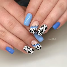 all natural length!! I’ll never say no to cow print! 💙🩵 Nail Designs Toenails, Cow Print Nails, Western Nails, Cow Nails, Print Nails, Pretty Nail Designs, Classic Nails, Girls Nails