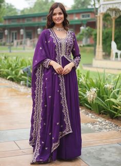 Purple Sangeet Faux Georgette Readymade Gown