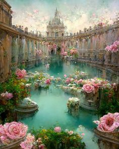 a painting of pink roses in an old building with blue water and green foliage surrounding it