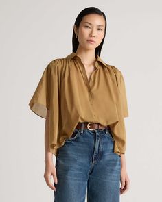 Cotton-Silk Voile Short Sleeve Blouse Chic Silk Blouse In Solid Color, Chic Solid Color Silk Blouse, Chic Silk Blouse, Chic Sheen Tops For Fall, Chic Fall Tops With Sheen, Fall Silk Sheer Blouse, Sheer Silk Tops For Daywear, Silk Top For Layering In Fall, Silk Tops For Layering In Fall