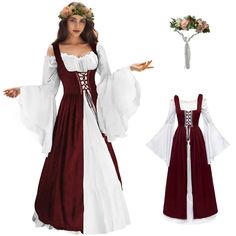 PRICES MAY VARY. Distinctive Design: Our renaissance women dress set has exquisite and delicate brocade embroideries on either side of the lacing. Front lace-up closure, adjustable shoulder straps and back lacing for a customizable fit. Trumpet long sleeves and high waist for a wonderful silhouette. Floor-length design with adjustable ties to help you achieve the perfect body fit. Our wreath crown is very comfortable to wear and doesn't demand an exclusive hair style to hold it. High-quality Fab Medieval Dresses For Fantasy Events, Medieval Style Dress For Costume Party, Bohemian Dresses For Medieval Festival Costume Party, Long Sleeve Fairycore Costume Dresses, Halloween Fantasy Event Dress, Dragon Ren Faire Costume, Bohemian Style Medieval Dress For Costume Party, Bohemian Dress For Medieval Festival Cosplay, Bohemian Dress For Cosplay At Medieval Festivals