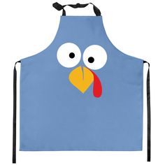 a blue apron with a cartoon turkey on it's face and two large eyes