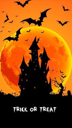 a castle with bats flying over it and the moon in the background, halloween poster