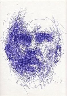 a drawing of a man's face with blue lines on it and the image is drawn